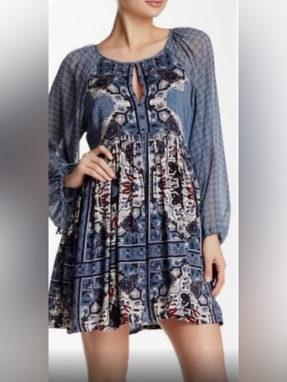 Free People Dress 10 Boho Mini Blue Geometric Romantic